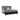 Black metal bed frame with grey bedding